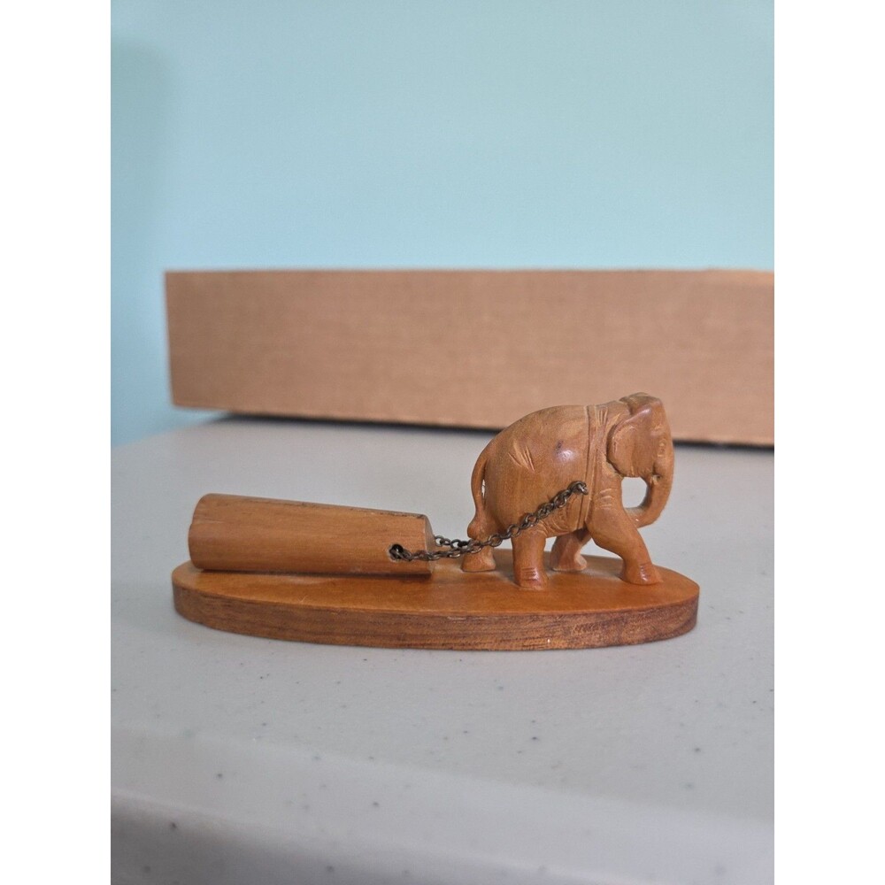 Hand Carved Wood Elephant Pulling Log Figurine Sculpture